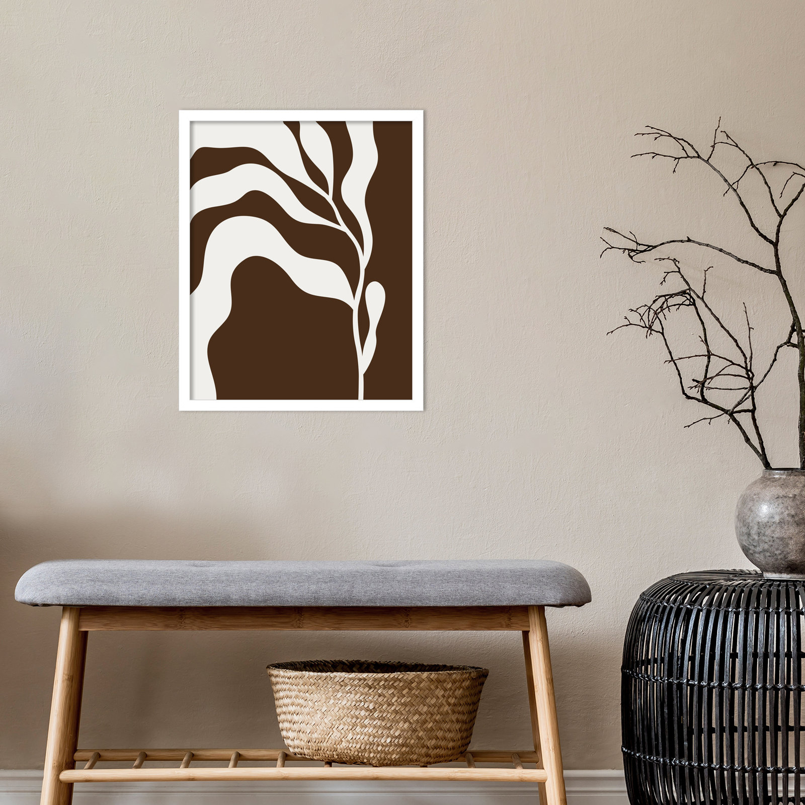 Retro Matisse Inspired Abstract Botanical 2 Brown, White, 21" H x 17" W x 1" D