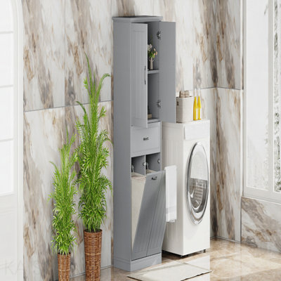 Bathroom Storage Cabinet With Two Laundry Baskets, Storage Cabinet With Doors And Drawer For Home, Grey