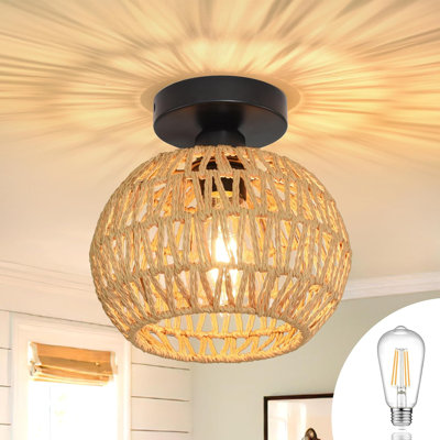 8.7 Inch Mini Rattan Light Fixtures Ceiling Boho Light Fixtures Wicker Ceiling Light Hand Woven Ceiling Light Fixtures Flush Mount Ceiling Light With Woven Shade For Hallway Bedroom