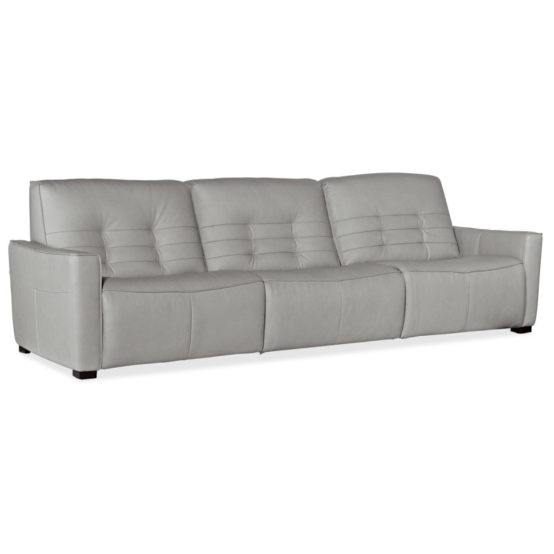 Gray Tufted Leather Reclining Sofa with Track Arms and Nailhead Trim