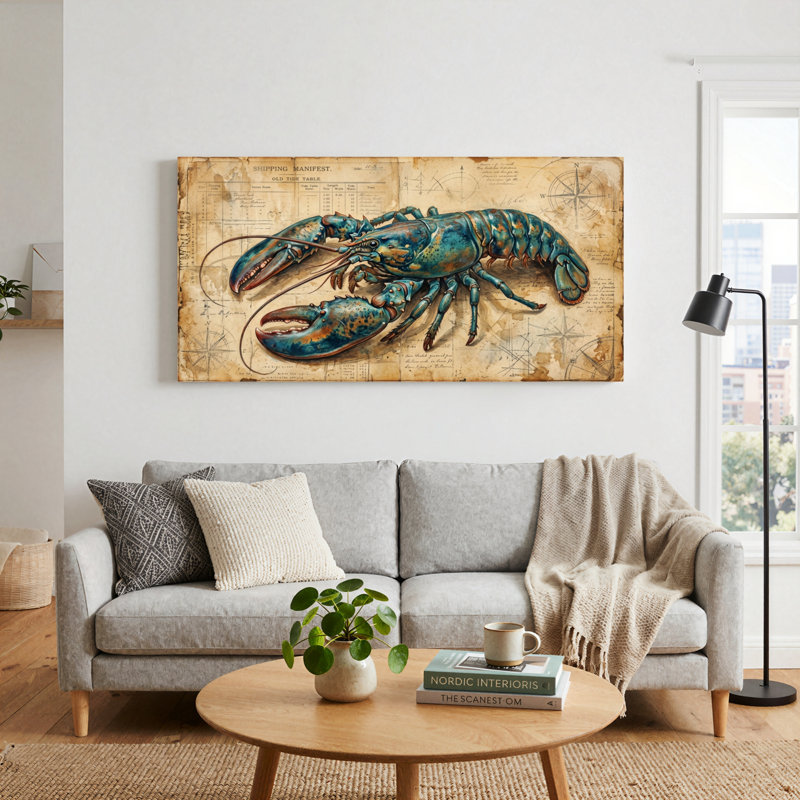 Ensemble de 1 tableau sur toile représentant une carte du homard, L 40 po x H 20 po, Toile tendue