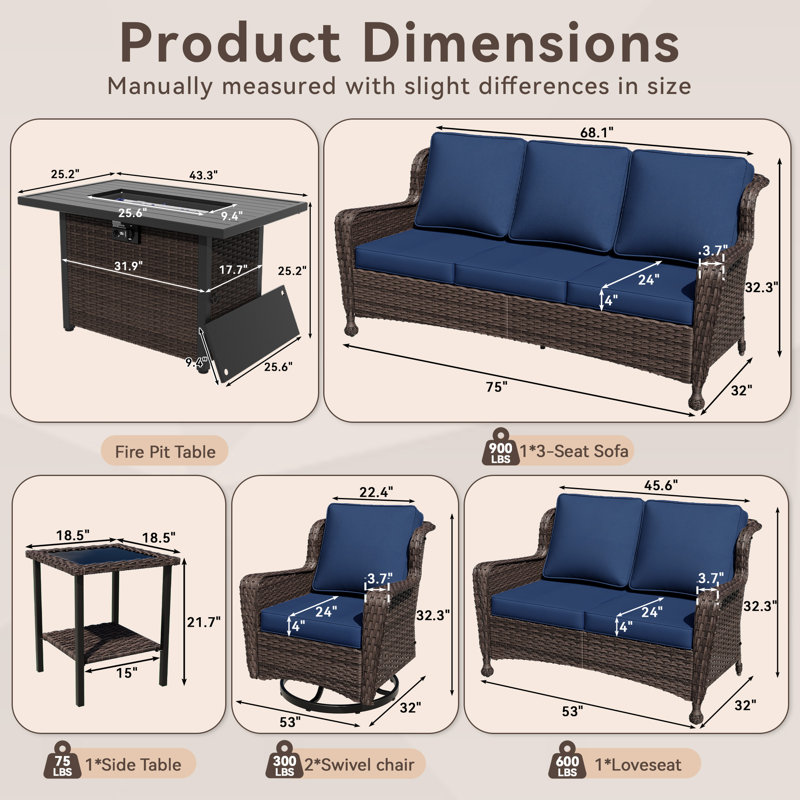 7-Person Outdoor Patio Conversation Rattan Seating Group With 2-In-1 Propane Fire Pit Table,2 Swivel Chairs and Blue Cushions