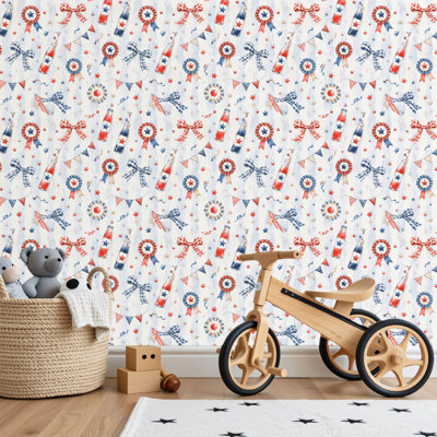 Peel and Stick PVC Wallpaper, Removable Self-Adhesive Wall Covering With Patriotic American Flags Soda Bottles Watercolor Stars Print, Waterproof for Home Decor - Roll
