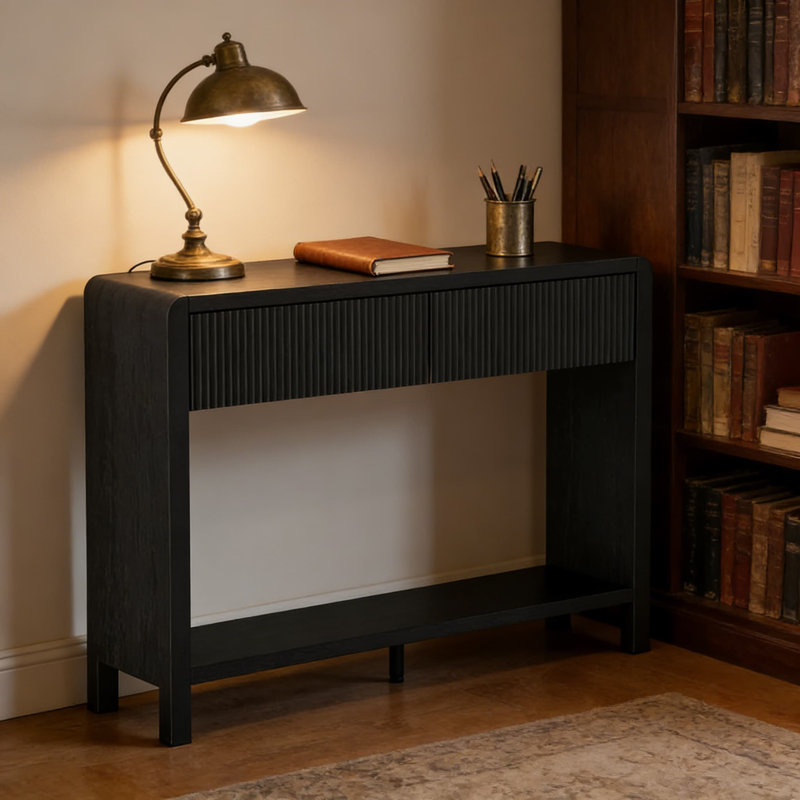 Console moderne avec 2 tiroirs et 2 tablettes, table de canapé pour l'entrée et le salon, table de couloir en bois robuste derrière le canapé