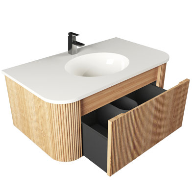 Meuble-lavabo mural avec comptoir en marbre artificiel, lavabo en céramique, conception courbée avec rayures, pré-assemblé