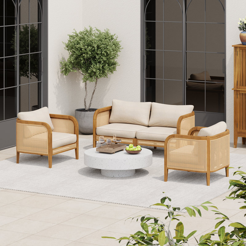 Nataliah Patio 3-Piece Pe Rattan Conversation Set With Acacia Wood