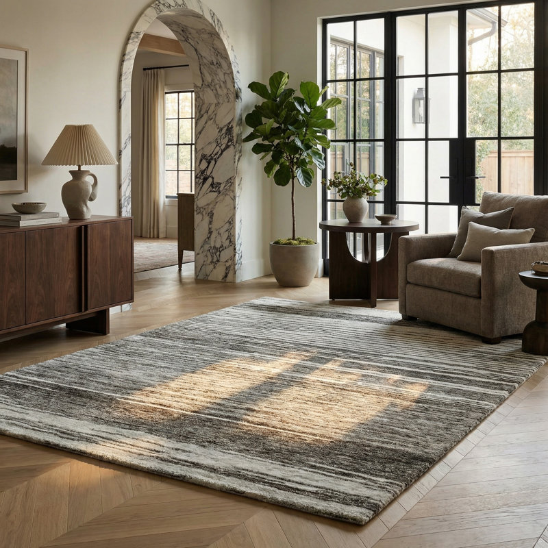 Tapis à motif linéaire abstrait gris / noir 5 pi x 8 pi (5 pi 3 po x 7 pi 7 po) Karsoni, Rectangle 5 pi 3 po x 7 pi 7 po