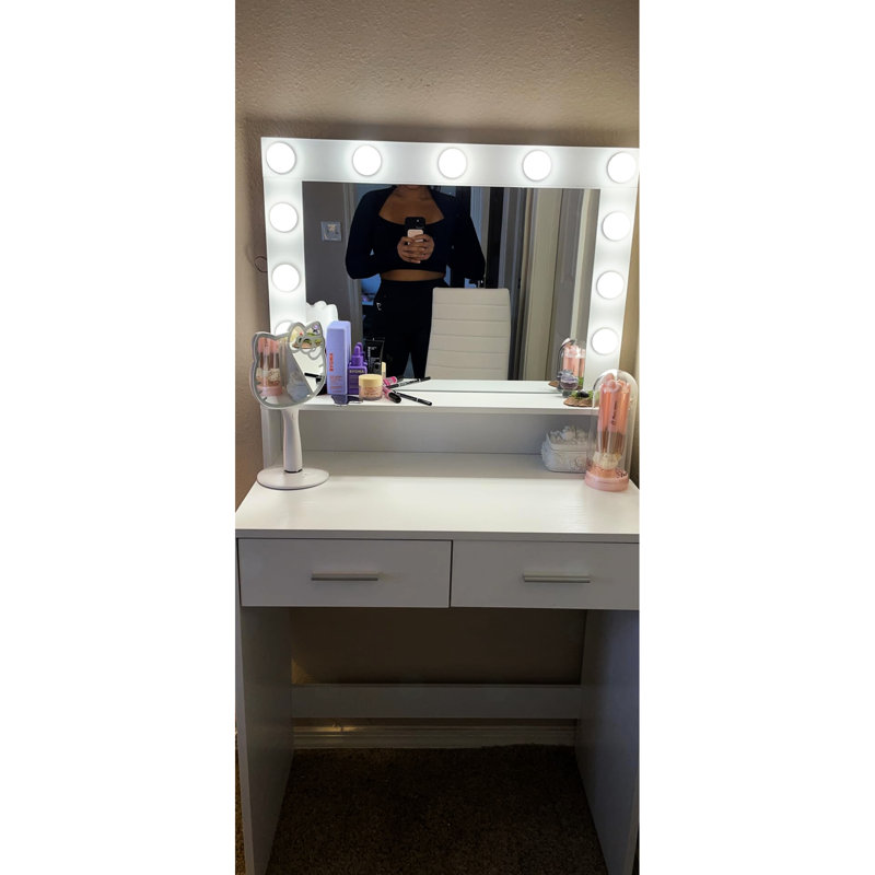 Bureau de meuble-lavabo de chambre à coucher avec rangement à 2 niveaux, lumières miroir, grand tiroir - option d'éclairage blanc 3 modes d'éclairage, miroir, glamour
