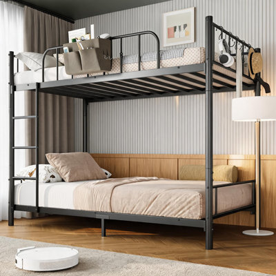 2-in-1 Twin over Twin Metal Bunk Bed with Ladder, Guardrail & Storage Bag | Heavy Duty Space-Saving Frame for Kids, Teens & Adults