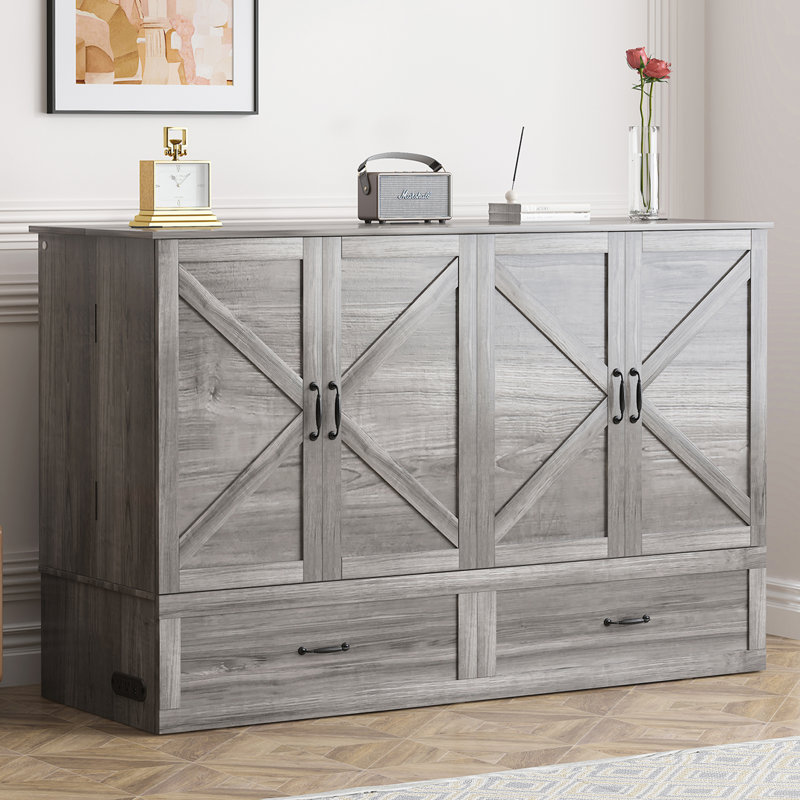Grand lit escamotable avec tiroirs de rangement et station de charge, gris, Gris