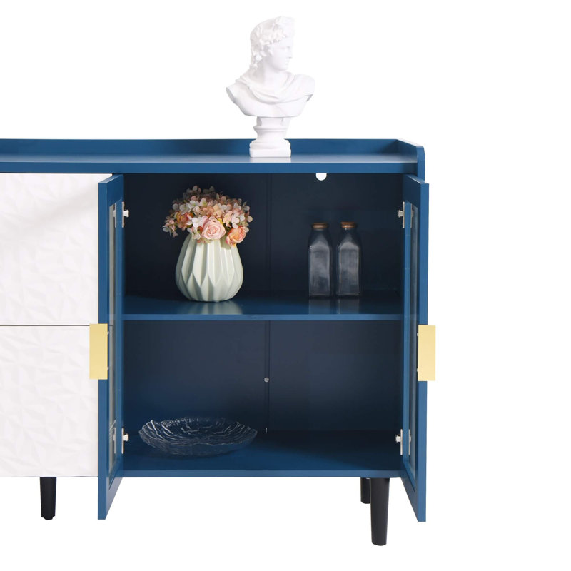 Armoire de rangement 55 po pour garde-manger moderne de 55 po avec buffet à 2 tiroirs, 2 compartiments ouverts et 2 portes vitrées, buffet en bois pour la cuisine, la salle à manger ou le salon, bleu