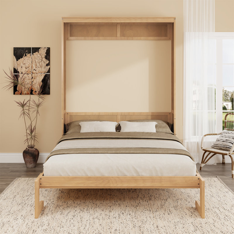 Lit escamotable en bois massif avec meuble-lit escamotable parfait pour la chambre d'amis, Naturel, Lit double