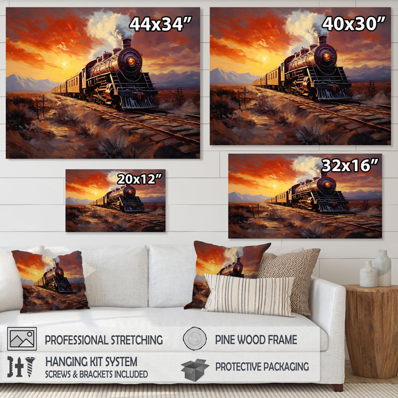 Impression sur toile, "Steamtrain Travelling Sunset Landscape I", H 34 po x l 44 po x P 1,5 po, Cadre flottant noir