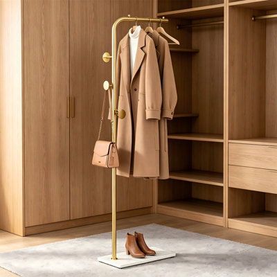 Portemanteau autoportant doré avec base en marbre, portemanteau moderne simple avec crochets, porte-manteau et organisateur de robe pour chambre à coucher, vestibule et garde-robe