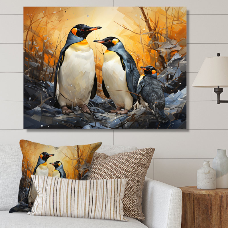 Multicolor Geometric Penguins Journey II - Animals Wall Art Living Room, H 16 po x l 32 po x P 1 po, Toile tendue