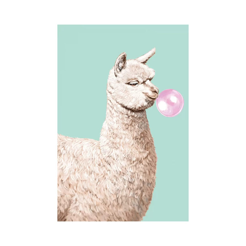 Playful Alpaca Chewing Bibble Gum in Green by Big Nose Work - Wrapped Canvas Graphic Art