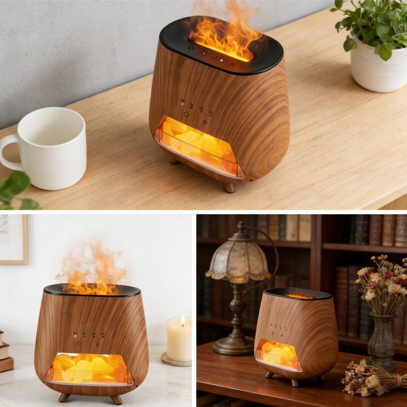 Diffuseur d'aromathérapie 4-en-1 avec lampe à sel de l'Himalaya et humidificateur, diffuseur d'huiles essentielles 200 ml avec veilleuse à DEL 9 couleurs, diffuseur ultrasonique à brume fraîche pour la chambre à coucher, le bureau, la relaxation de yoga