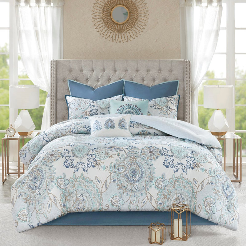 Blue King Cotton Reversible Comforter - 8 Piece, Printed Floral With Medallion , , Includes Euro Shams & Decorative Pillows In Piece Reversible, Botanical Print, Embroidered Pillows,