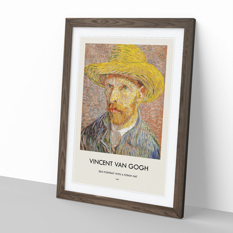 Self Portrait with a Straw Hat by Vincent Van Gogh - Picture Frame Painting, Walnut, 36cm H x 27cm W x 2cm D