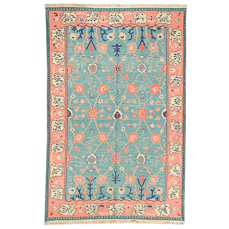 Hand Knotted Wool Area Rug in Green And Red