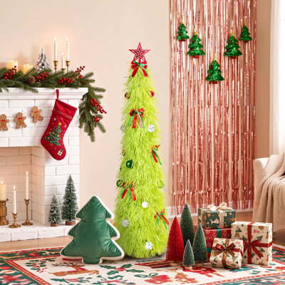 5ft Artificial Tinsel Christmas Tree, Pre-lit Faux Holiday Tree with Warm White LED Lights - Modern Slim Festive Tree for Apartment, Office & Party Decor (Pink / Neon Green)