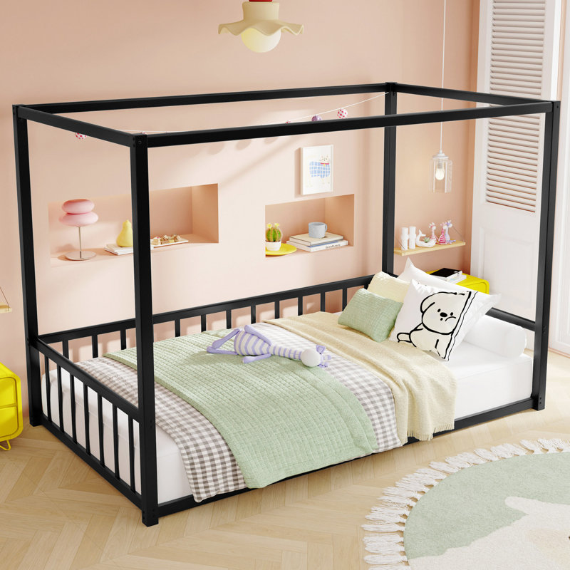 Sunshade Floor Bed with Iron Frame, Fence-Style Guardrails, and Low-Profile Design for Modern Bedrooms, Twin