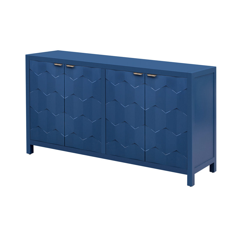 Buffet spacieux à quatre portes bleu marine avec motif en nid d'abeille complexe - poignées en métal et portes luxueuses, rangement abondant