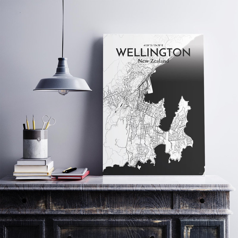 Wellington, carte de la ville, impression, H 27,6 po x l 19,7 po, Noir / blanc