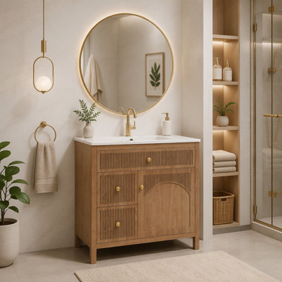 Meuble-lavabo de style campagnard sur pied avec lavabo en céramique intégré, armoire en placage de bois d'acacia à chevrons, portes à fermeture douce, tiroir à extension complète et pieds surélevés résistants à l'humidité.