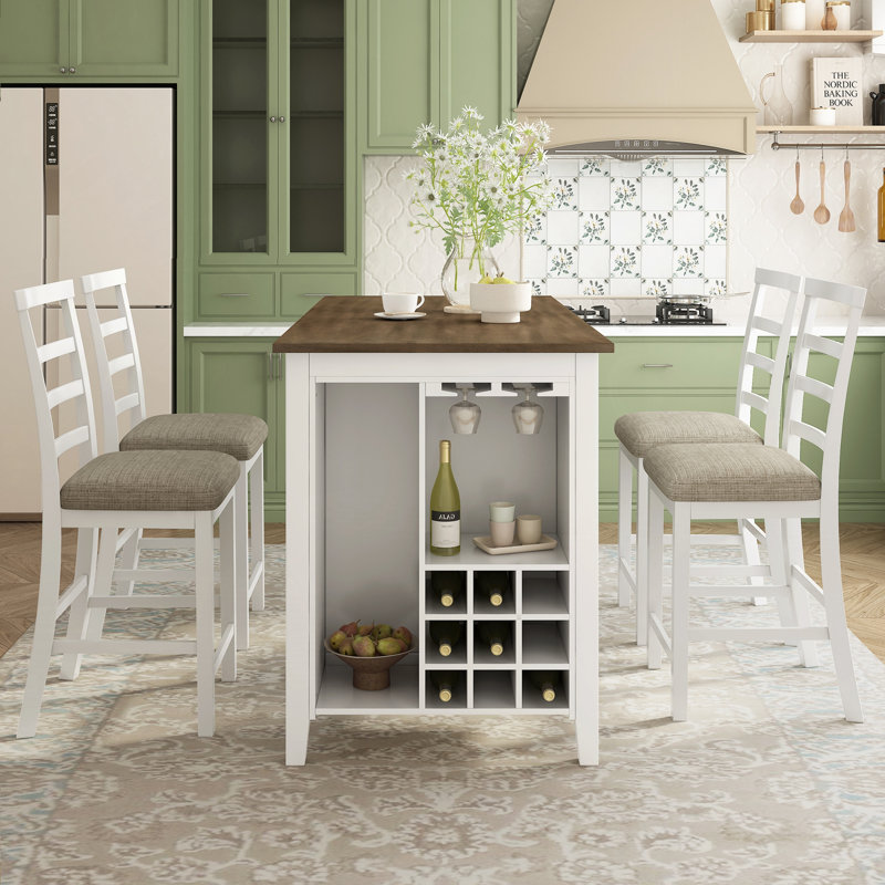 5-Piece Dining Set, Brun, Blanc délavé, Blanc délavé