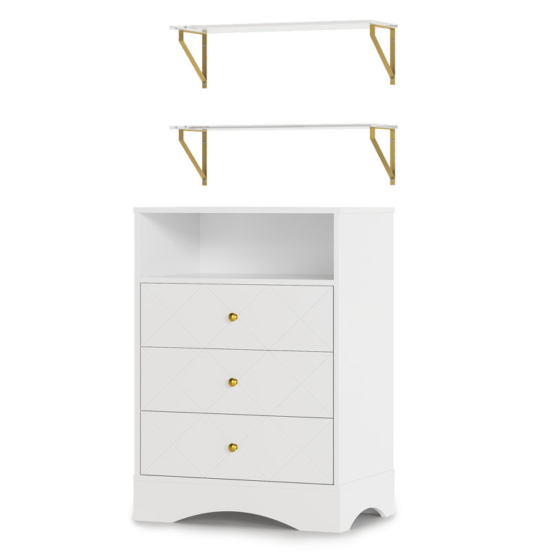 33'' H Storage Dresser Chest With 3 Drawers & 2 Wall Mount Shelves