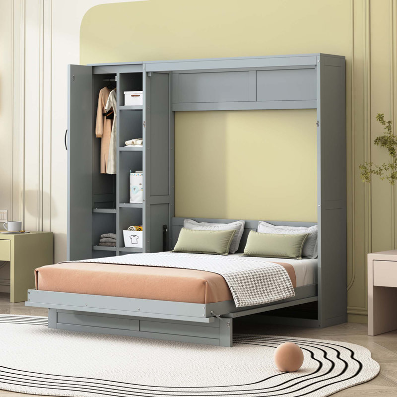 Lit escamotable mural Murphy avec tablettes, garde-robe et lumières DEL, Gris, Lit double