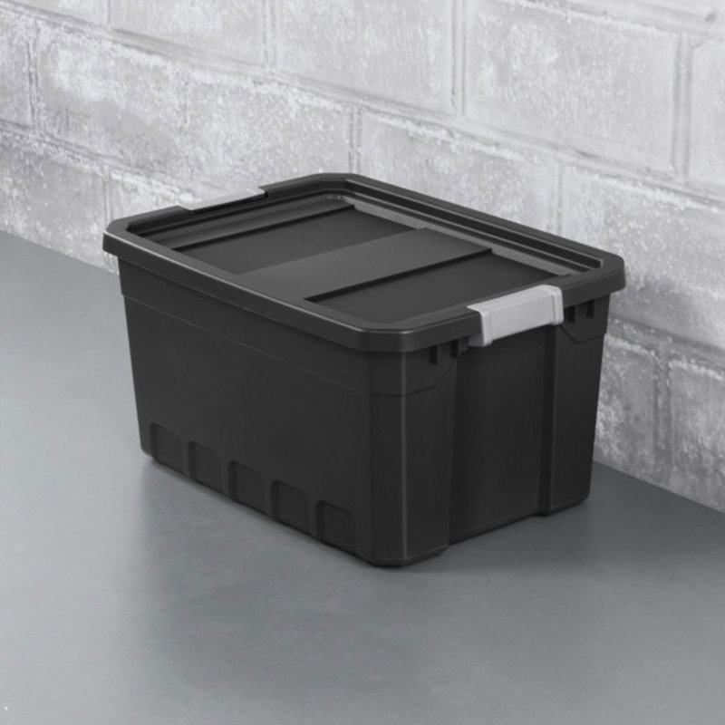 Sterilite Rugged Industrial Stackable Storage Tote w/ Lid, Black, 7.2'' H X 12.6'' W X 18'' D