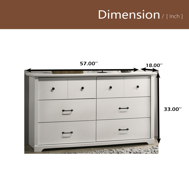 Commode 6 tiroirs 57 po avec poignées, Blanc