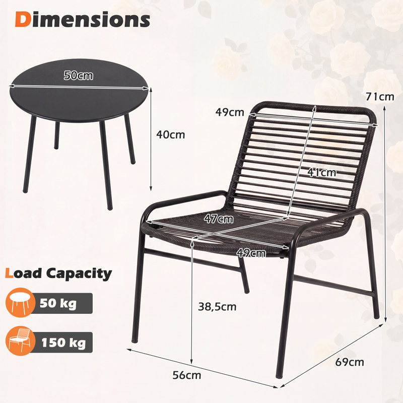 3 Piece Patio Bistro Set Rattan Chairs with Side Table