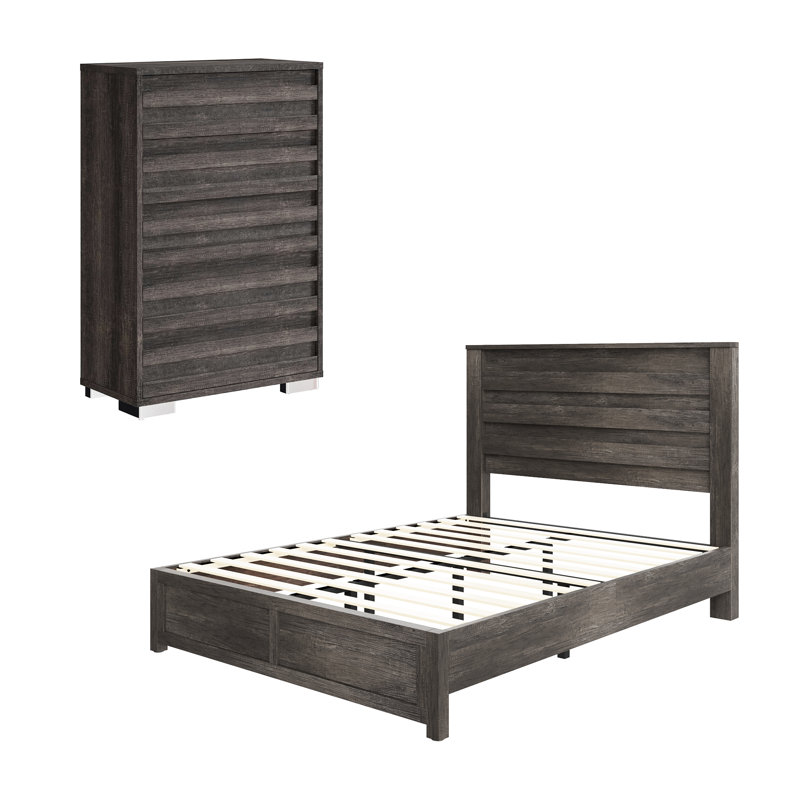Farmhouse 2 Piece Bedroom Set, Platform Bed And 5 Drawer Dresser, Gray, Queen