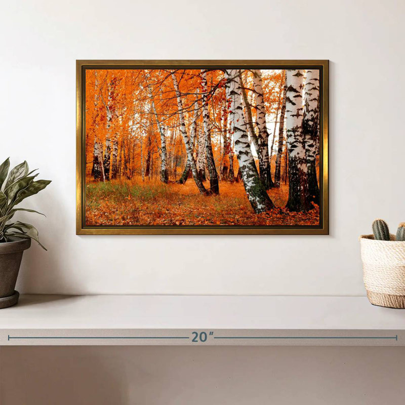 Forêt de bouleaux orange, Cadre flottant doré, 13 po x 9 po
