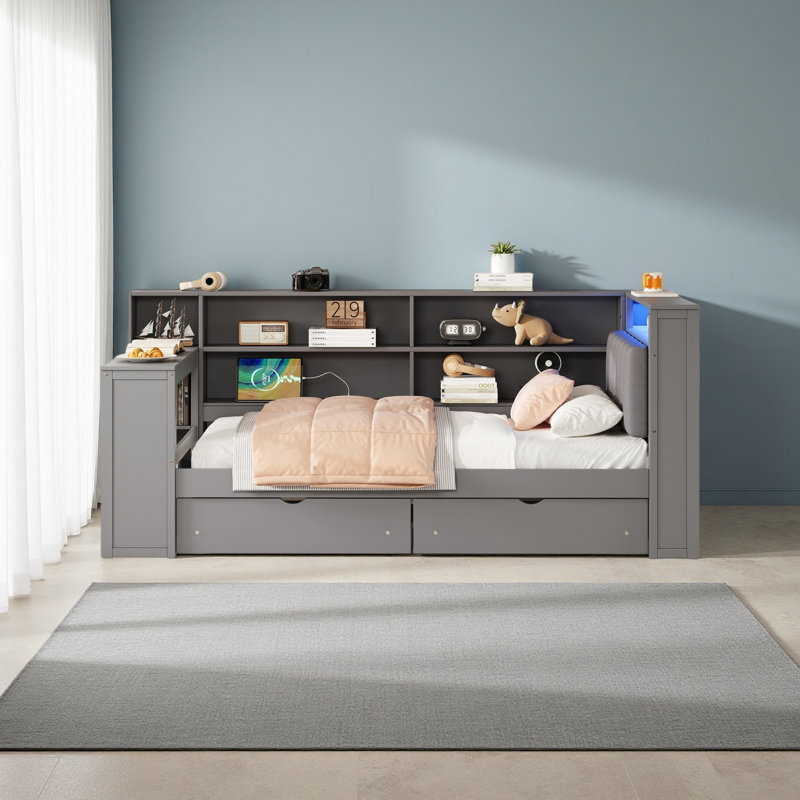 Lit plateforme en bois avec tablettes de rangement, tiroirs, station de charge, DEL, bureau et tête de lit tapissier, Gris