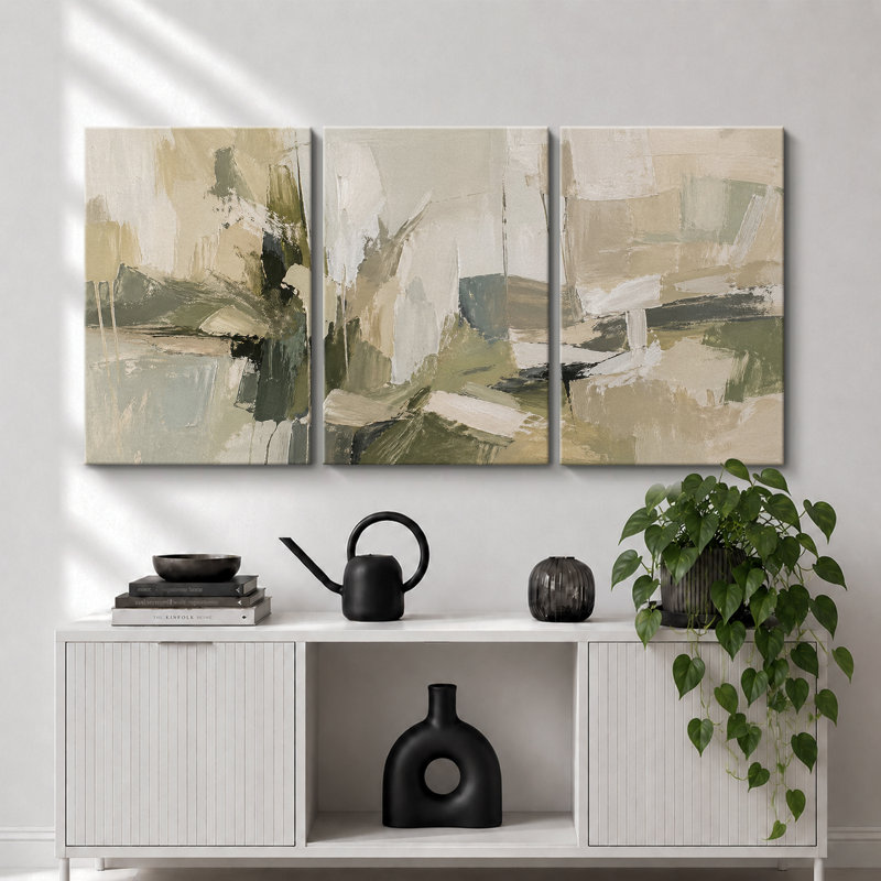 «Sage Green Neutral Brush», œuvre d'art abstraite, images de salon, impression sur toile encadrée, 3 pièces, Toile tendue