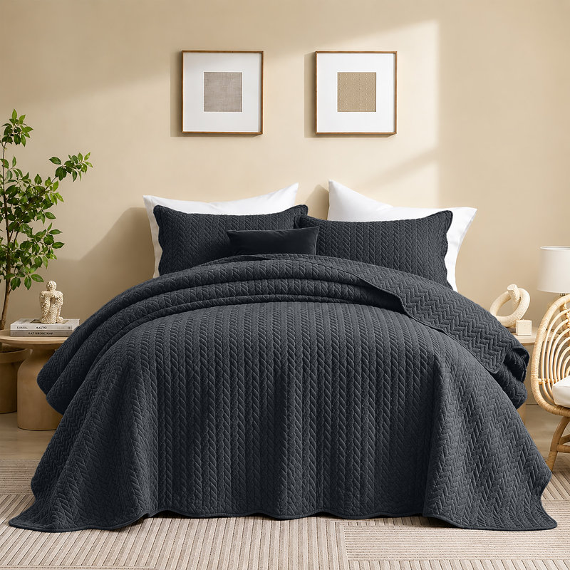 Microfiber Embossed Oversized Modern & Contemporary Bedspread Set With Shams, Twin Bedspread + 1 Pillowcase, Charcoal