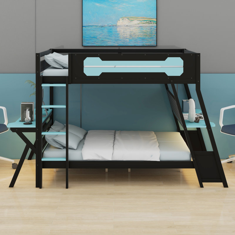 Lit superposé double pour bureau avec ports USB et rangement perforé, Lit double, Noir/bleu nuage