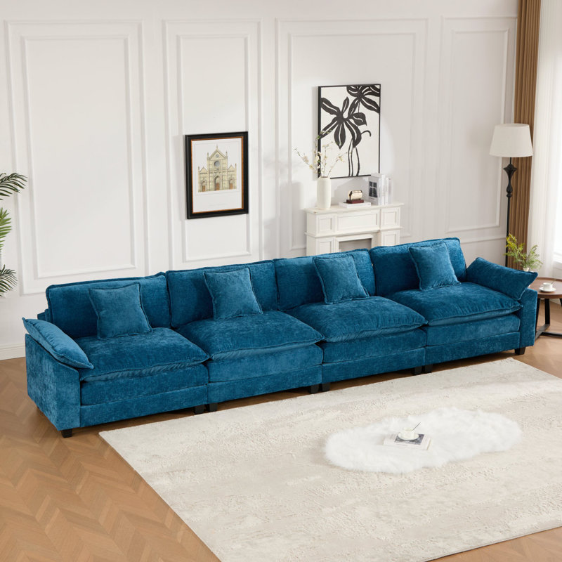 Canapé modulaire avec accoudoirs et coussins Frank Chenille, Chenille bleu