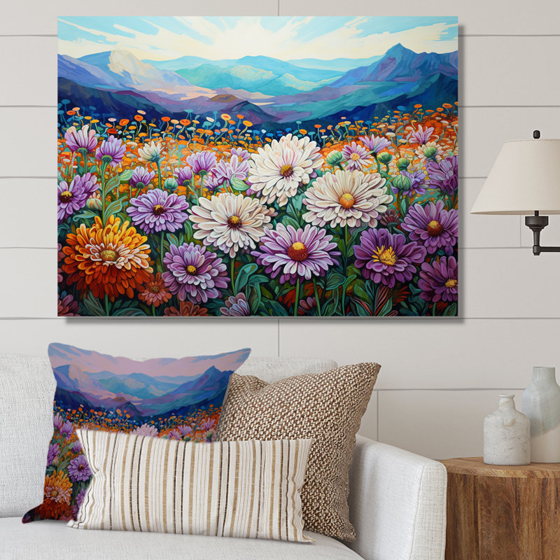 «Mums Flowers In Mountain Scenery III», reproduction sur toile, Toile tendue, H 34 po x l 44 po x P 1,5 po