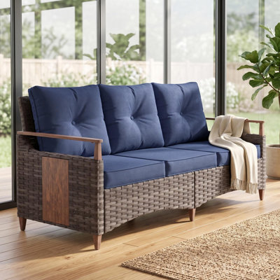 Melvarn Outdoor Patio 70.2"W Wicker 3-Seater Sofa With Cushion And Wood-Look Surface