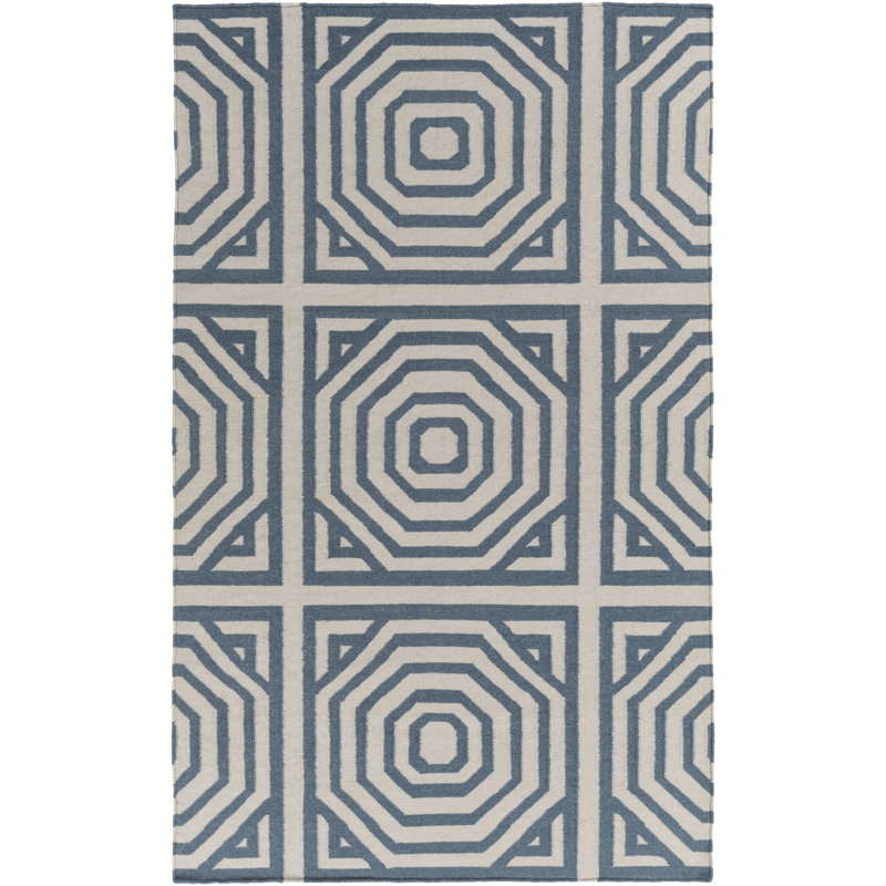 Tapis bleu marine / ivoire en laine tissé à la main et à plat, Rectangle 2 pi x 3 pi