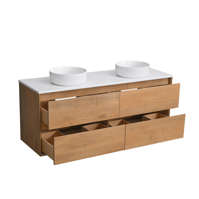 Ensemble de meuble-lavabo double 60 po avec comptoir en quartz blanc 60 po, Rond