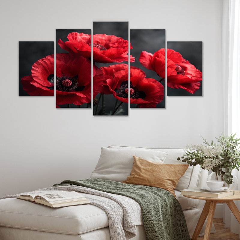 Rouge, noir, coquelicots, monochrome, charme III - coquelicots, ensemble d'art sur toile