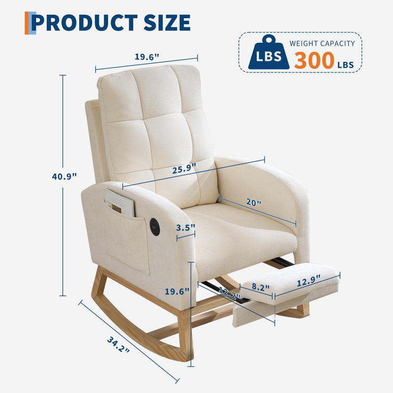 Chaise berçante pour chambre de bébé, fauteuil à bascule rembourré avec repose-pieds réglable, port USB et poche latérale