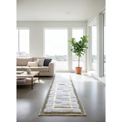 Tapis blanc de style toscan blanc avec lignes dorées, texture de fourrure naturelle douce, envers antidérapant