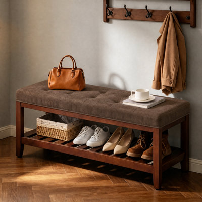 Banc de rangement pour chaussures 44 po avec siège en chenille rembourré, banc d'entrée en bois massif avec étagère à chaussures 44 po